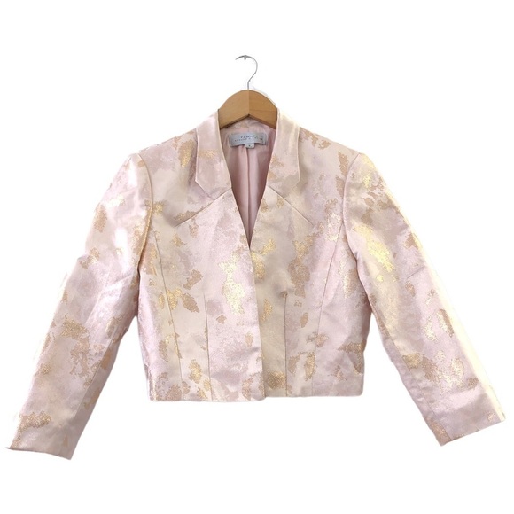 Tahari Arthur Levine Pink Rose Gold Metallic Thread Cropped Blazer Dinner Jacket